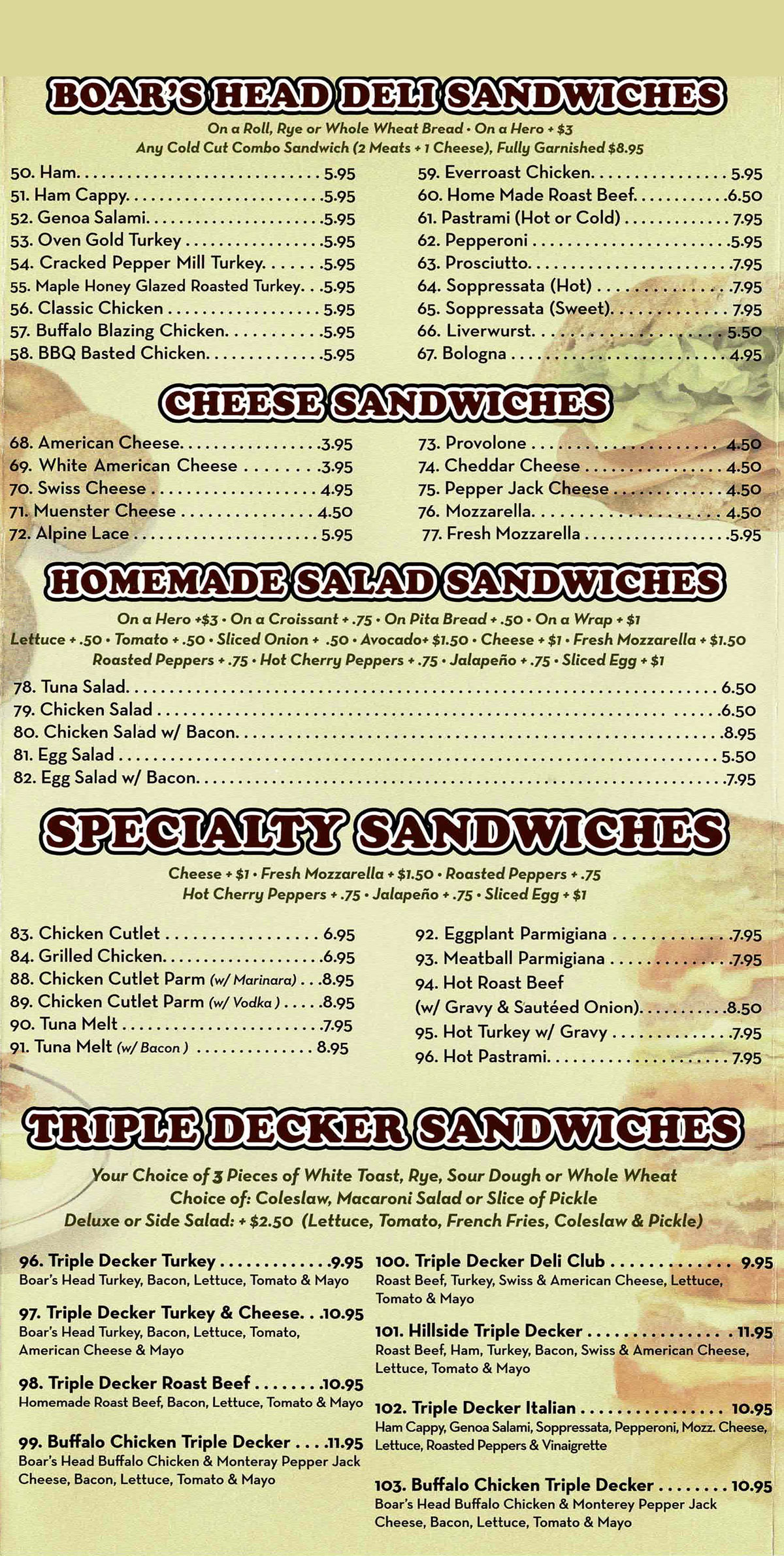 Hillside Gourmet Menu