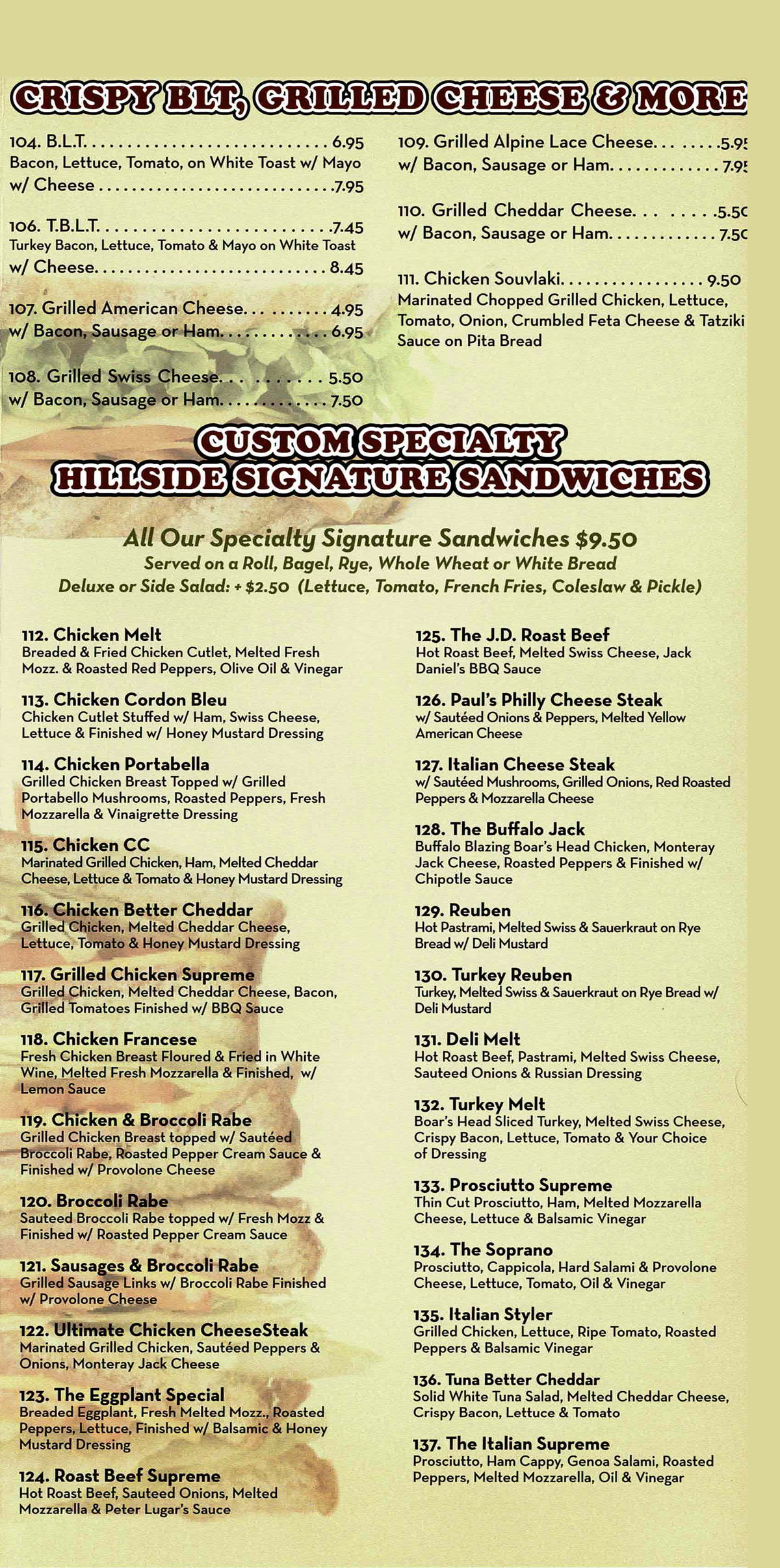 Hillside Gourmet Menu